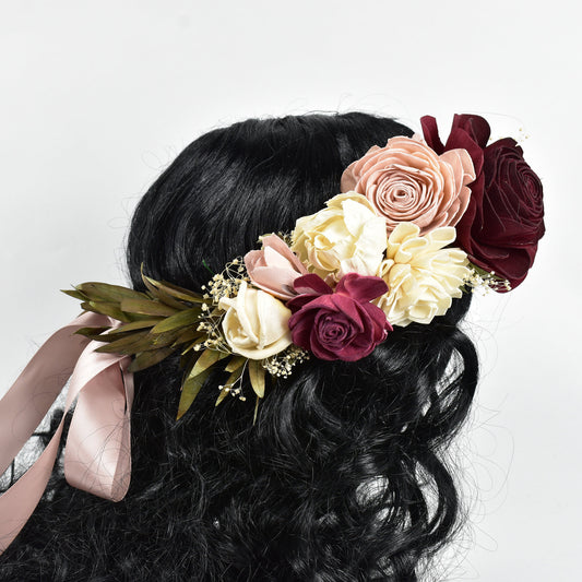 Burgundy Blush Wood Flower Bridal Hair Crown