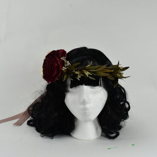 Burgundy Blush Wood Flower Bridal Hair Crown