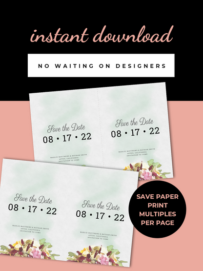 Printable Save The Date Card - Floral Watercolor